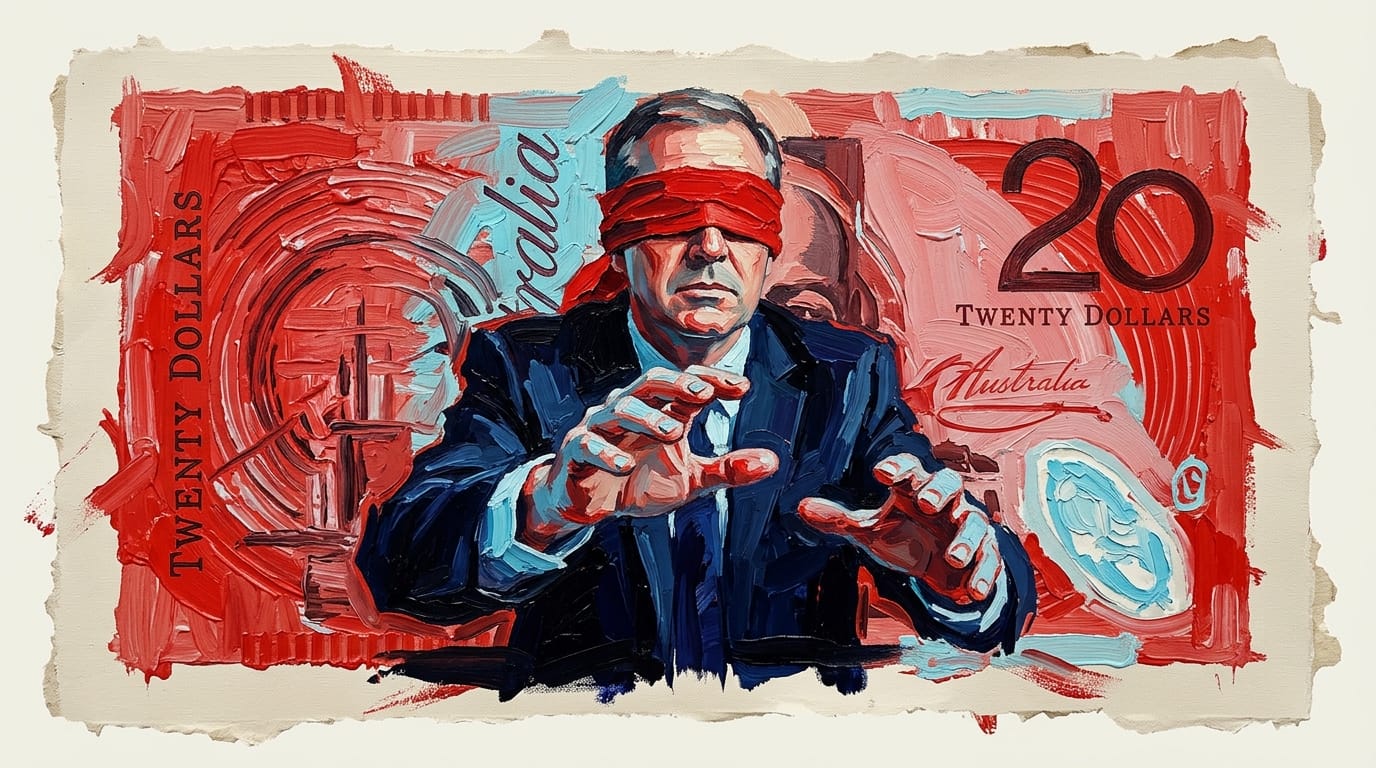 Treasury official blindfolded, reaching toward large Australian $20 note just out of grasp