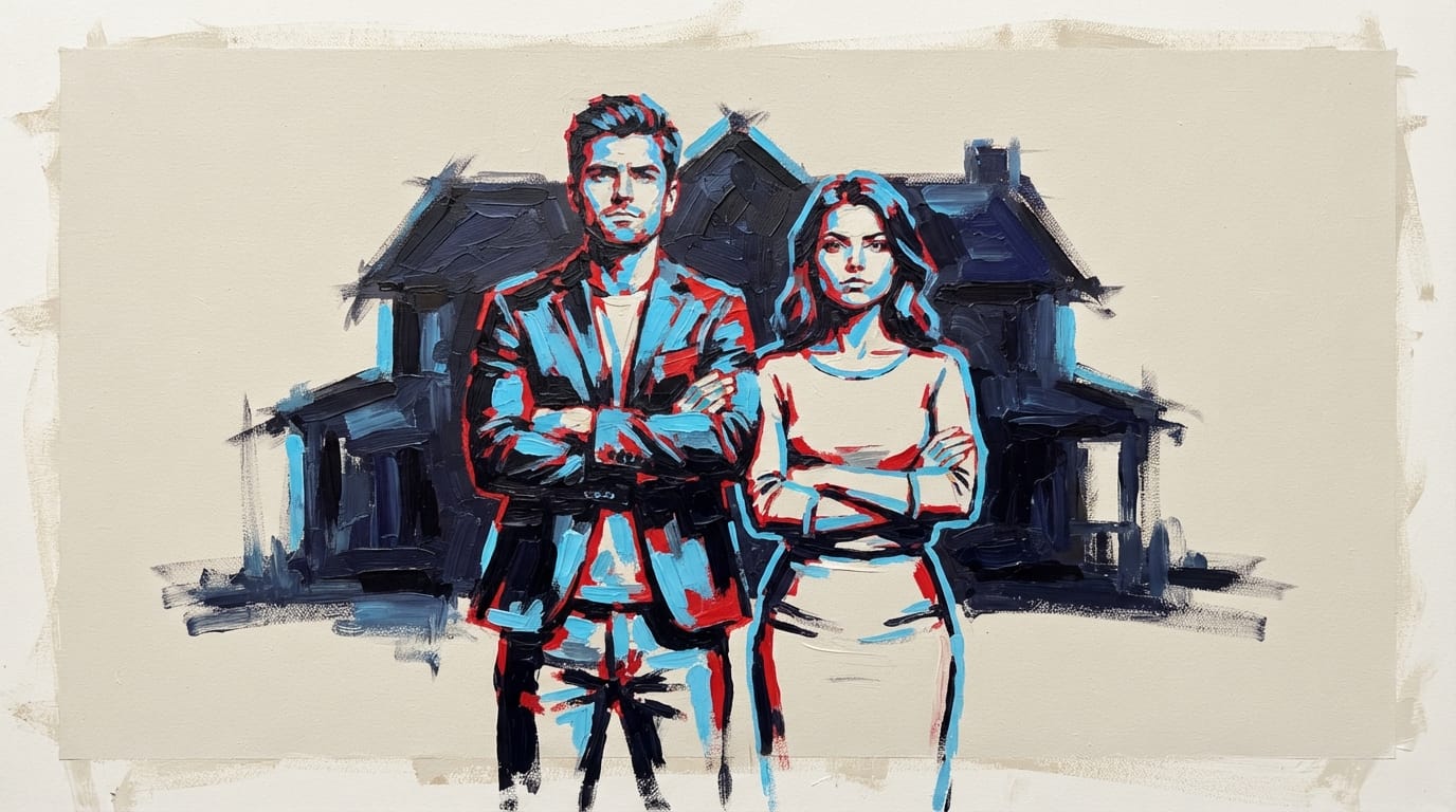 Young couple standing together with arms folded, confident expressions, with a house shadow in the background