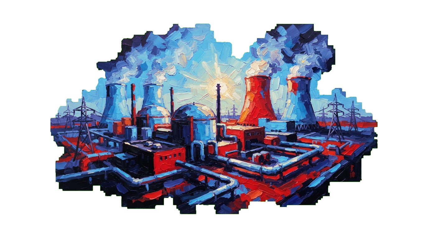 Nuclear power plant with cooling towers reflecting morning sunlight