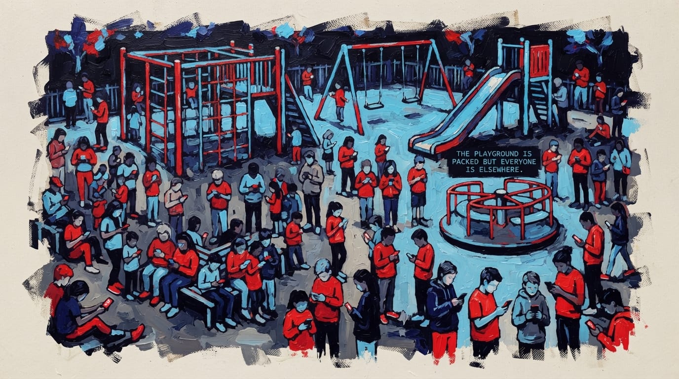 Children sitting in crowded playground looking at phones while play equipment stands empty behind them