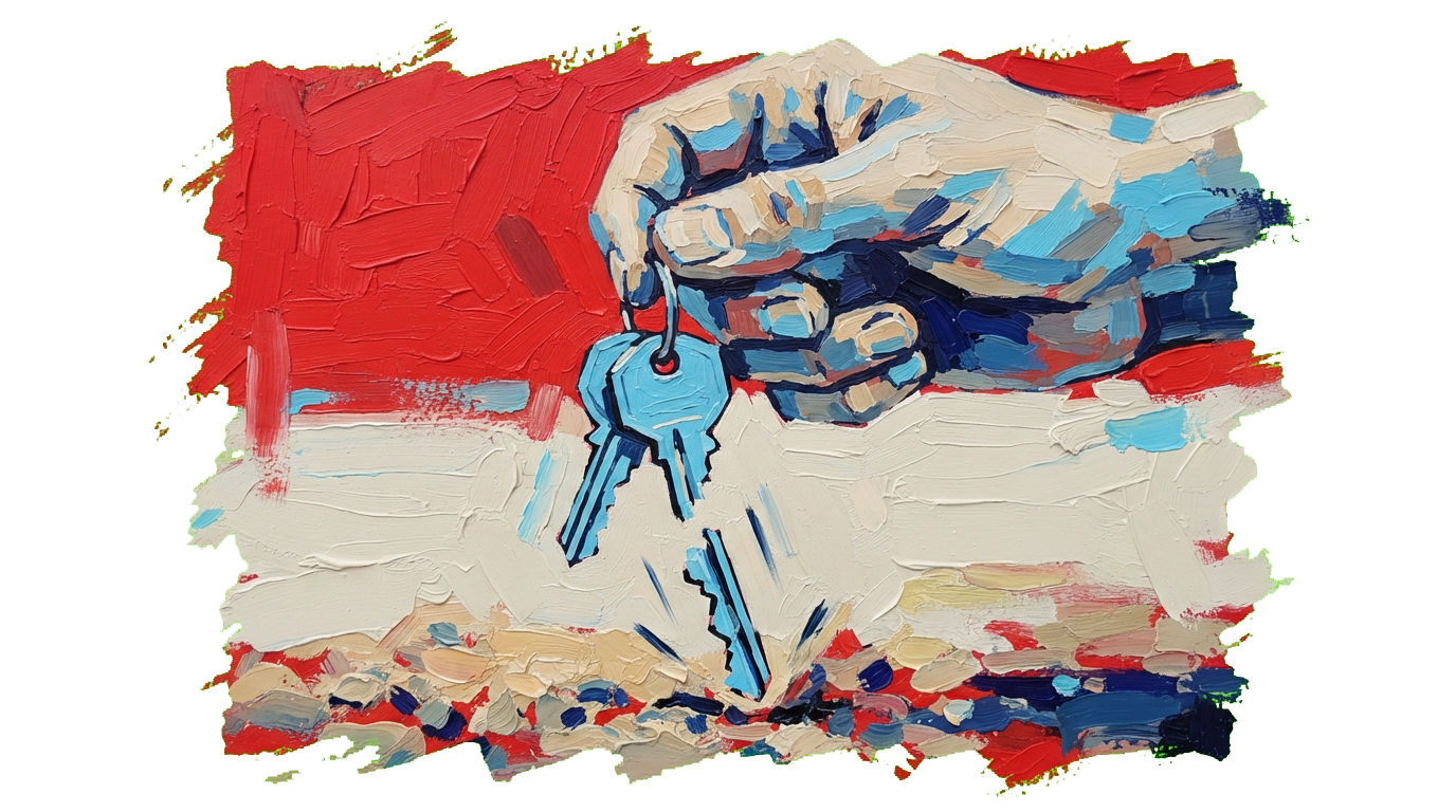 Hand holding keyring with house keys, main key broken in half with piece falling to ground