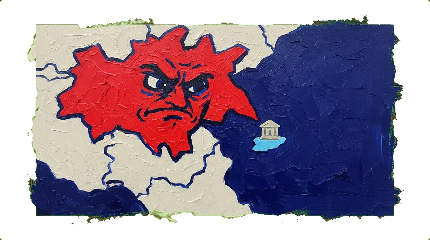 Large red nation looming over small blue island on map, depicting geopolitical tension and regional security concerns