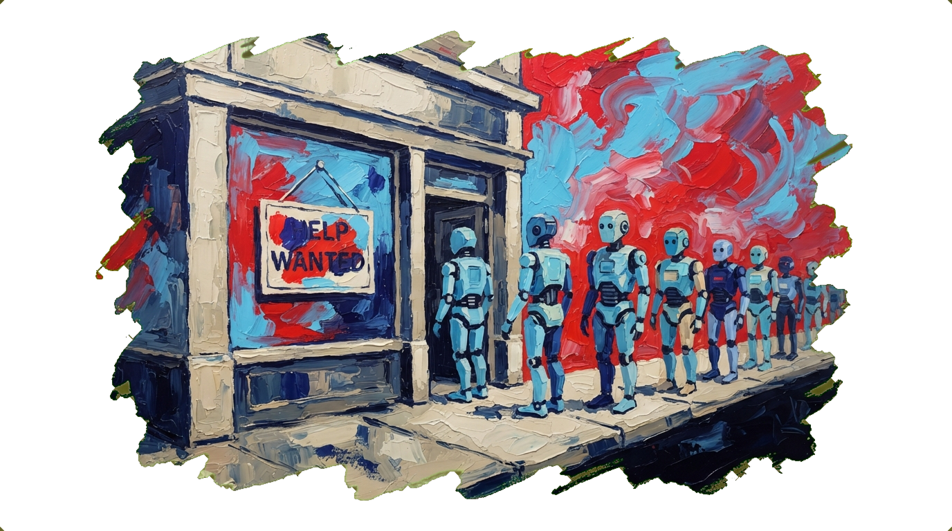 Help Wanted sign on shop window with humanoid robots lined up outside waiting for job interviews