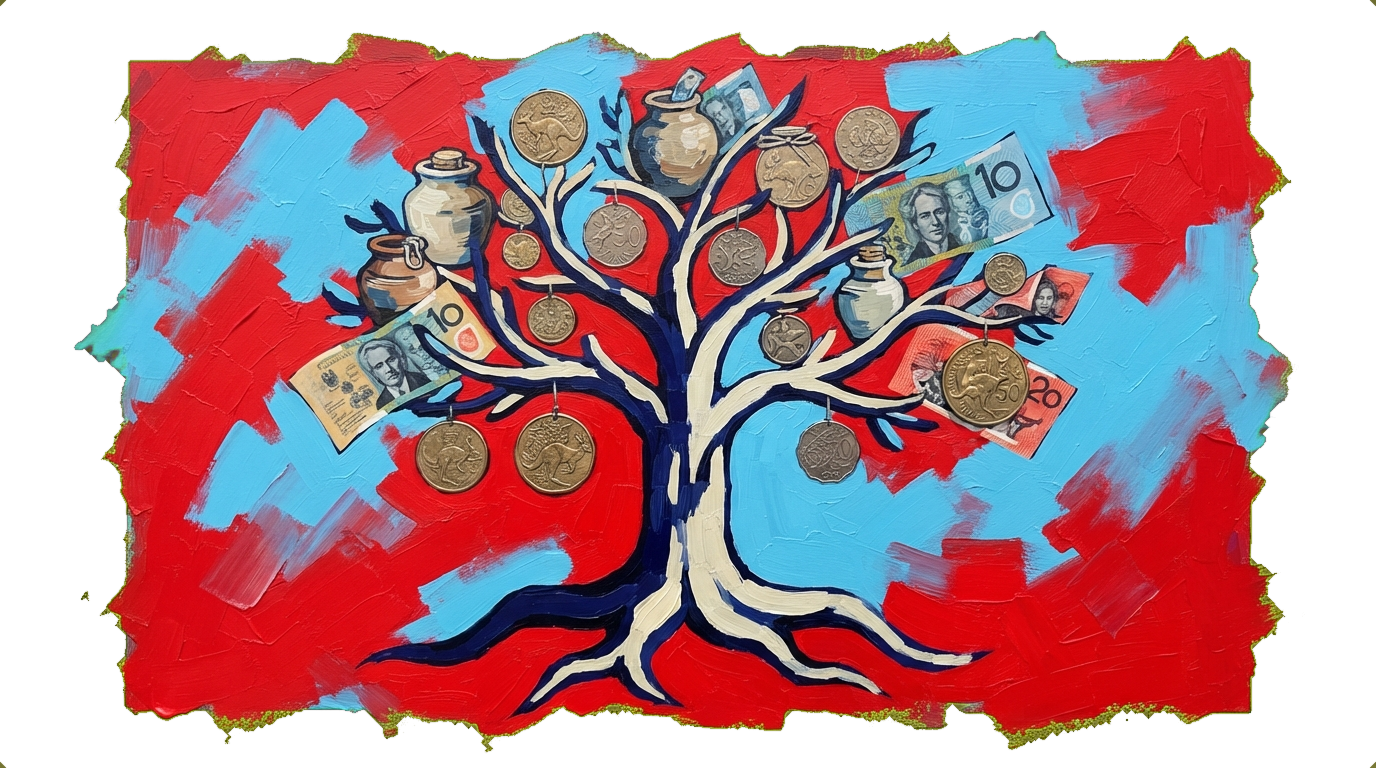 Family tree diagram showing Australian coins, money pots and banknotes as branches and leaves