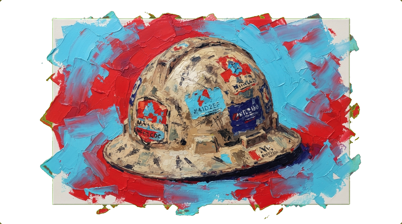 Weathered mining hardhat covered in various company stickers and logos