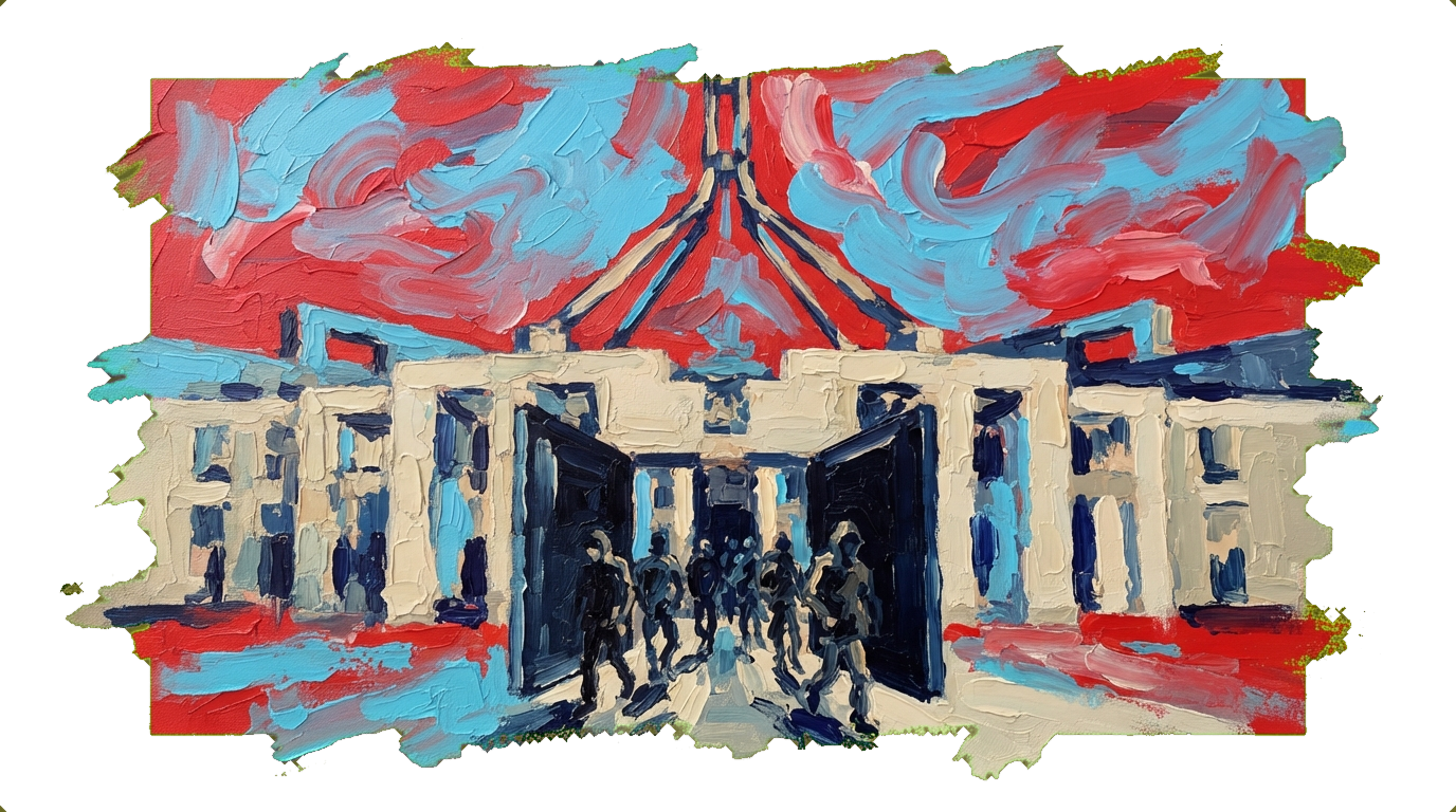 Parliament House entrance with open door and figures walking through, representing cybersecurity vulnerability