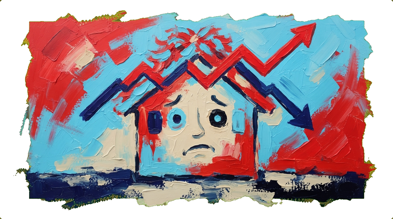 Confused house with window eyes and roof gables showing conflicting upward and downward trend lines