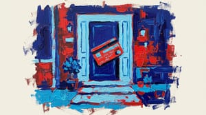 House front door with a large credit card as the door handle instead of a traditional knob.