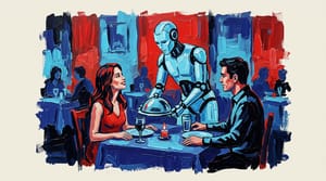 A robot waiter serves a couple dining together at a restaurant table during an intimate dinner.