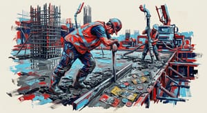 Tired construction worker pouring concrete on a large building project site