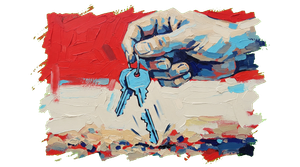 Hand holding keyring with house keys, main key broken in half with piece falling to ground