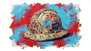 Weathered mining hardhat covered in various company stickers and logos