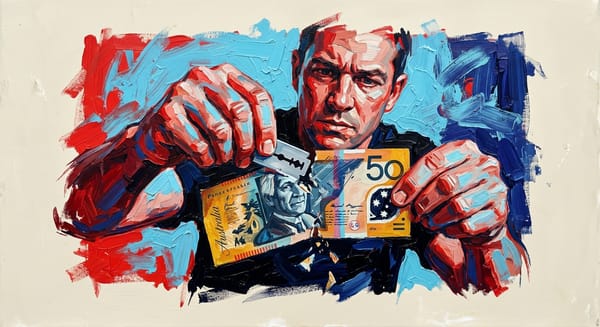 Person holding a $50 bill in one hand and razor blade in the other, cutting a large chunk from the money.