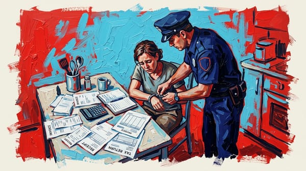 Policeman handcuffing small business owner surrounded by tax documents at kitchen table