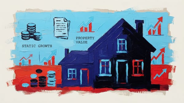 Property silhouette growing larger against flat landscape with small financial symbols remaining static in background
