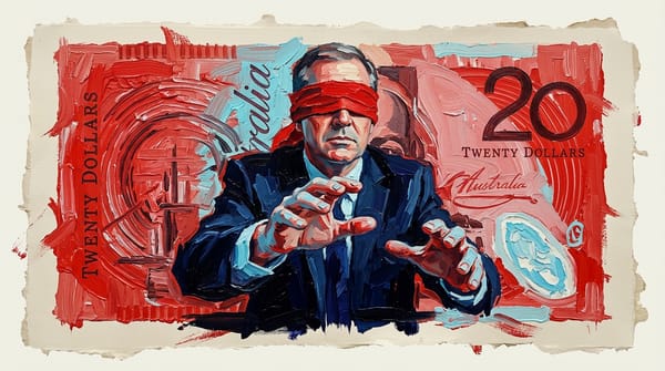 Treasury official blindfolded, reaching toward large Australian $20 note just out of grasp