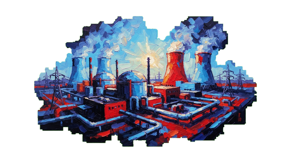 Nuclear power plant with cooling towers reflecting morning sunlight
