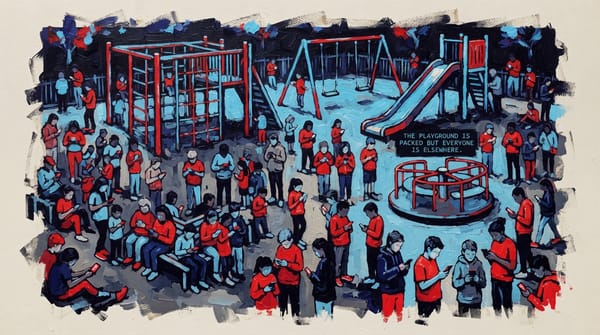 Children sitting in crowded playground looking at phones while play equipment stands empty behind them