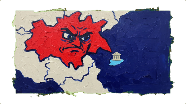 Large red nation looming over small blue island on map, depicting geopolitical tension and regional security concerns