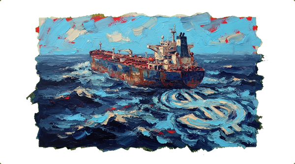 Oil tanker on ocean with wake forming dollar sign shape