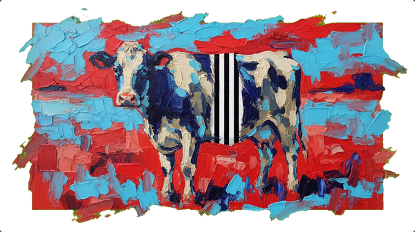 Cow standing in pasture with a striped black and white section marked as off limits, representing a 15 percent portion.