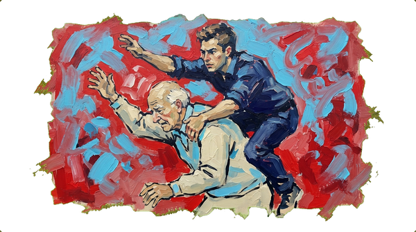 Young man climbing over older man while both compete for auctioneer's attention