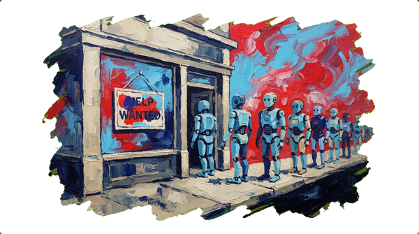 Help Wanted sign on shop window with humanoid robots lined up outside waiting for job interviews
