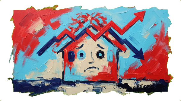 Confused house with window eyes and roof gables showing conflicting upward and downward trend lines